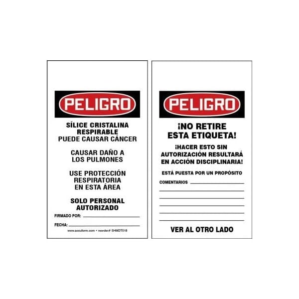 Accuform Spanish Safety Tags, DANGER RESPIRABLE CRYSTALLINE SILICA, 5.75in x 3.25in, RP-Plastic, 25PK SHMDT018PTP - main